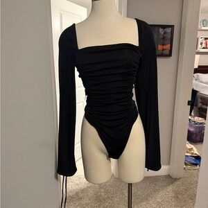 Free People Black Ruched Long Sleeve Bodysuit